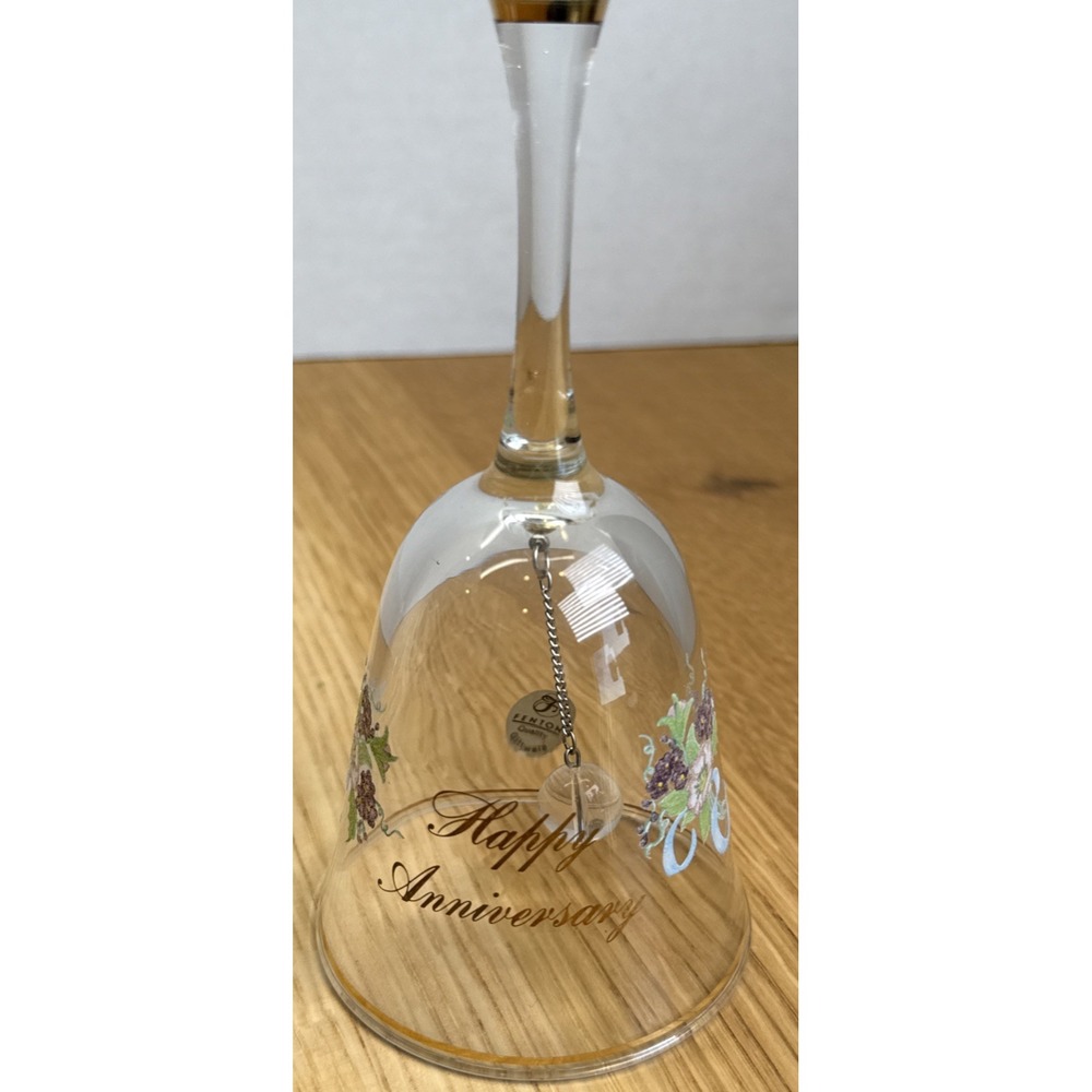 Glass Anniversary Bell Flower Bouquet Gold Trim Glass Clapper on Chain 5.75 inch